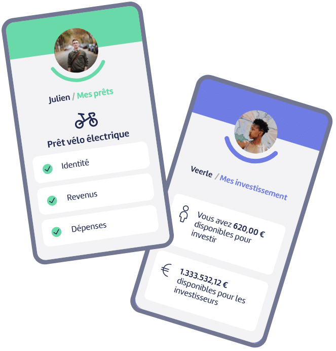 Julien / Mes prêts : Prêt vélo électrique , Veerle / Mes investissement : Vous avez 620,00 € disponibles pour investir
